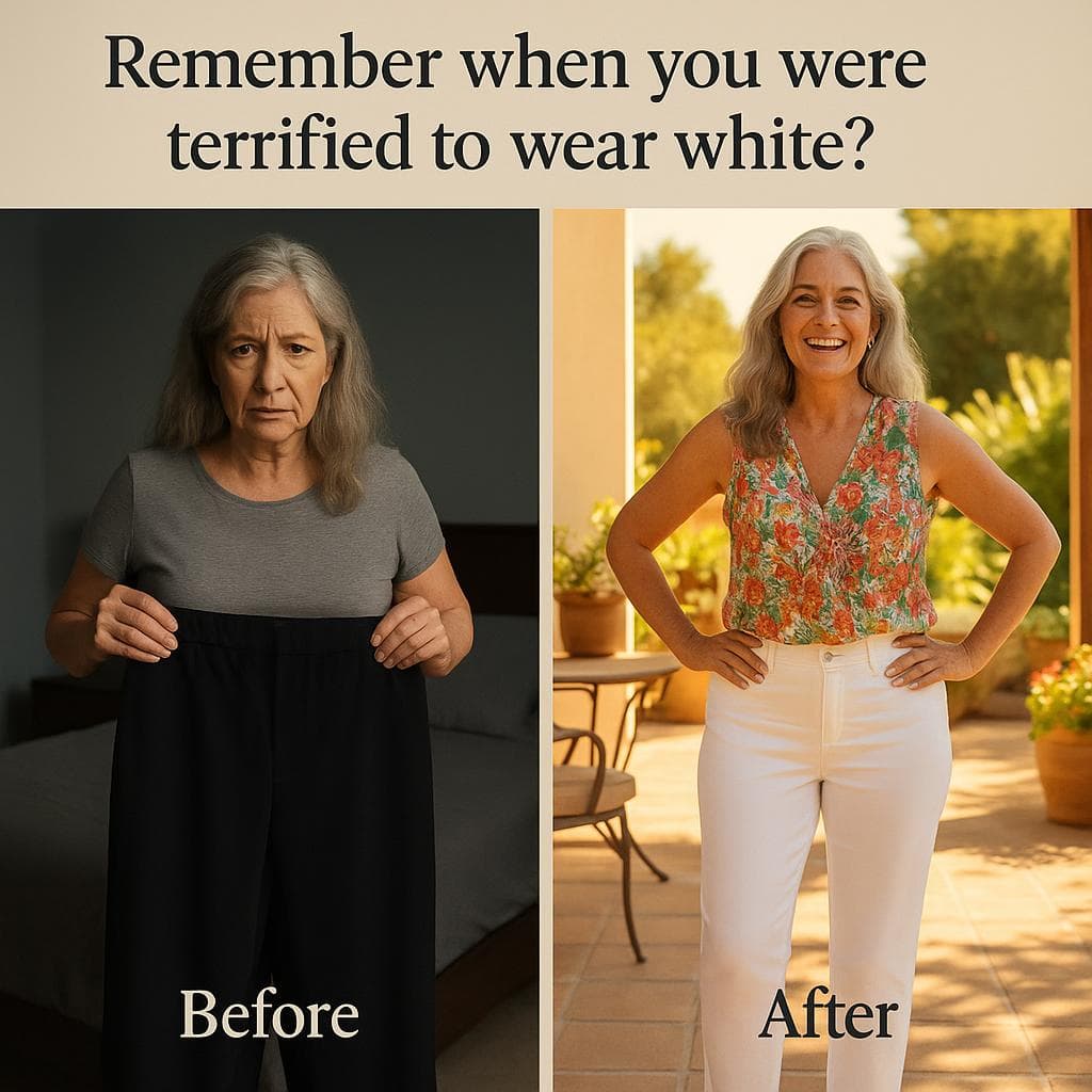 Before and after FemiPro – woman confident wearing white after regaining bladder control