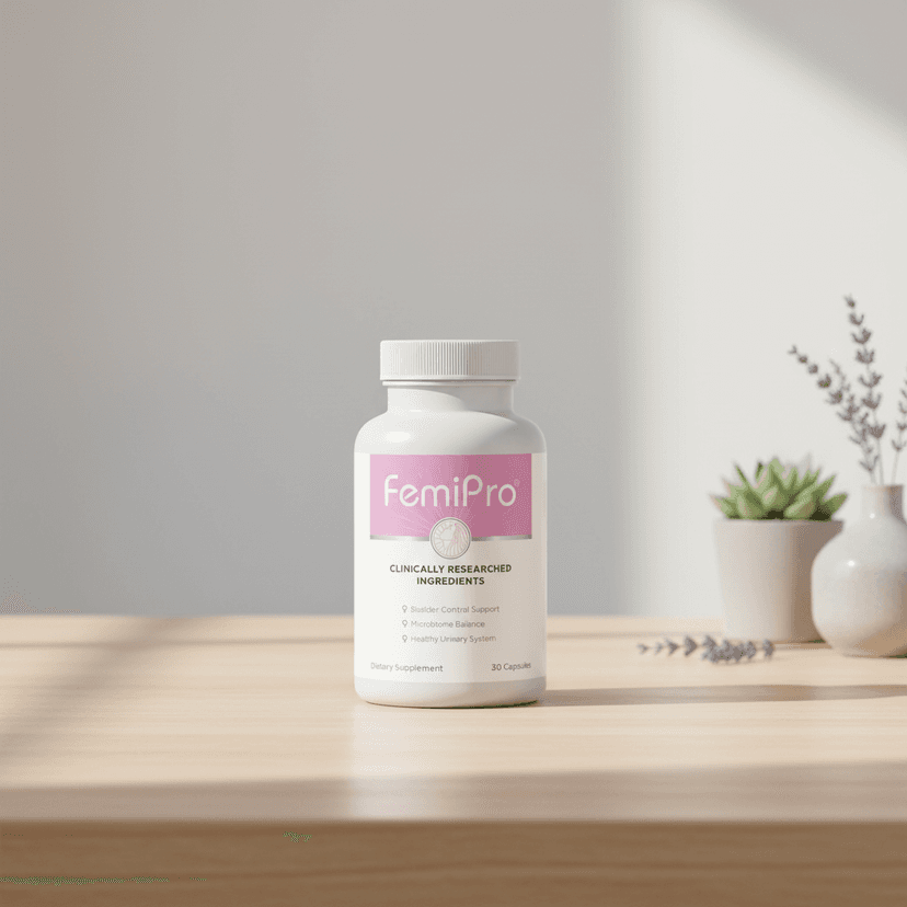 FemiPro bladder support supplement bottle on a table