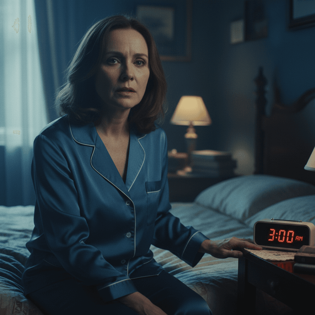 Older woman awake at 3am, sitting on bed exhausted from nighttime bathroom trips